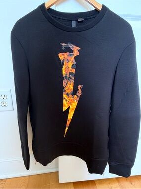 Neil Barrett Black Crewneck Sweatshirt with Orange Flame Lightning